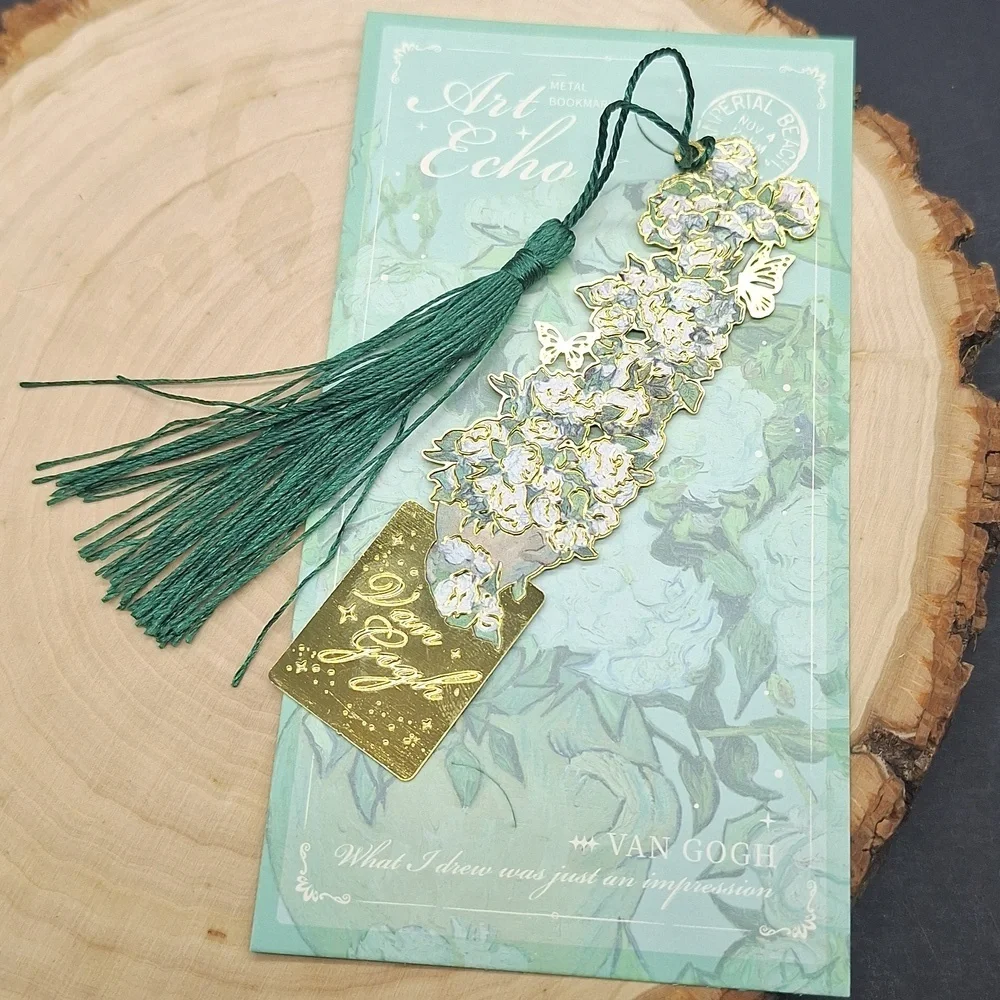 3/$15 Van Gogh Roses Gold and Green Metal Bookmark with Tassel - Picture 1 of 4
